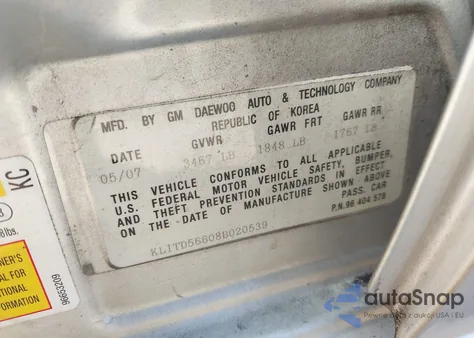 2008 Chevrolet Aveo Ls из США, поврежденный, VIN KL1TD56608B020539